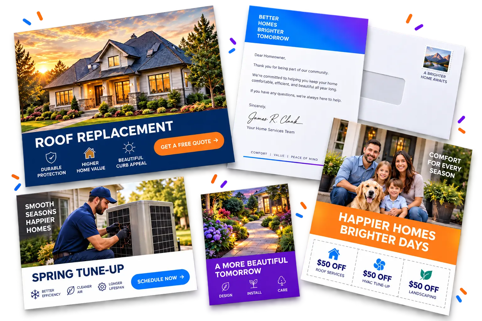 Designed roofing postcard offering a free roof-replacement quote alongside home-service postcards and a letter
